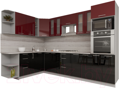 Готовая кухня Интерлиния Мила Gloss 1.88x3.0 левая (бордовый/черный)