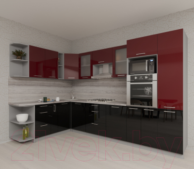 Готовая кухня Интерлиния Мила Gloss 1.88x3.2 левая (бордовый/черный)