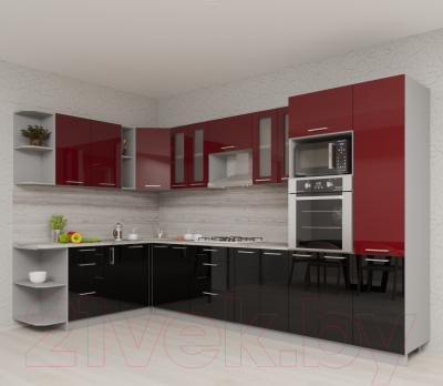 Готовая кухня Интерлиния Мила Gloss 1.88x3.4 левая (бордовый/черный)