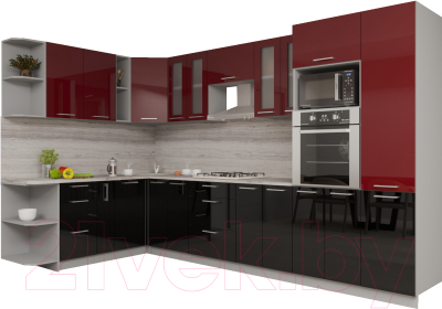 Готовая кухня Интерлиния Мила Gloss 1.88x3.4 левая (бордовый/черный)