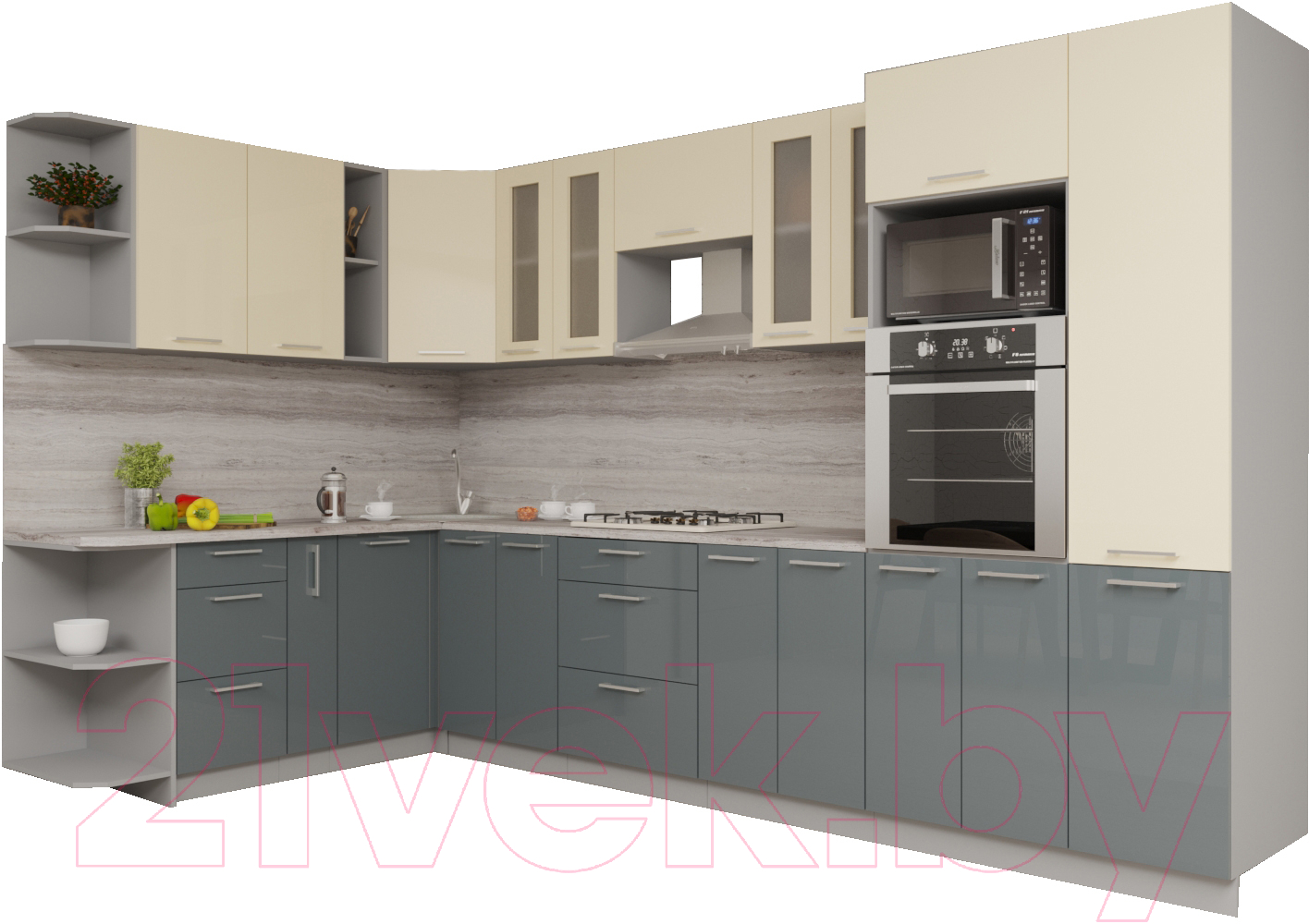 Кухонный гарнитур Interline Мила Gloss 1.88x3.4 левая (ваниль/асфальт)