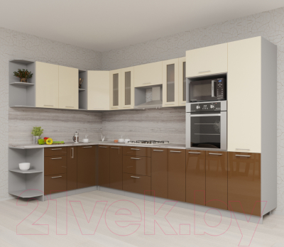 Кухонный гарнитур Интерлиния Мила Gloss 1.88x3.4 левая (ваниль/шоколад)