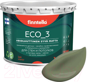 Краска Finntella Eco 3 Wash and Clean Oliivi / F-08-1-3-LG80 (2.7л, темно-зеленый, глубокоматовый)