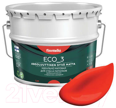 Краска Finntella Eco 3 Wash and Clean Puna Aurinko / F-08-1-9-FL125 (9л, закатный красный, глубокоматовый)