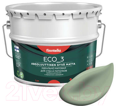Краска Finntella Eco 3 Wash and Clean Pastellivihrea / F-08-1-9-LG138 (9л, светло-зеленый хаки, глубокоматовый)