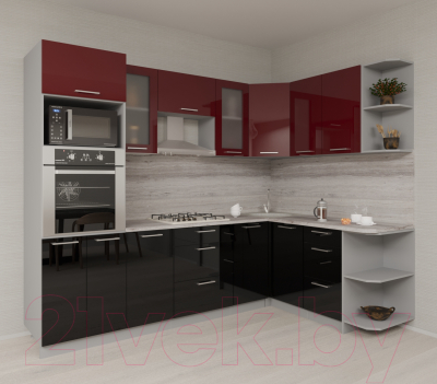 Готовая кухня Интерлиния Мила Gloss 1.68x2.6 правая (бордовый/черный)