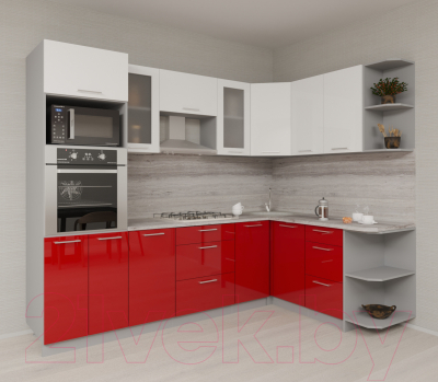 Кухонный гарнитур Интерлиния Мила Gloss 1.68x2.6 правая (белый/красный)