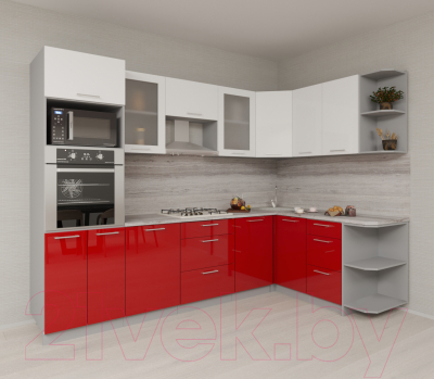 Кухонный гарнитур Интерлиния Мила Gloss 1.68x2.8 правая (белый/красный)
