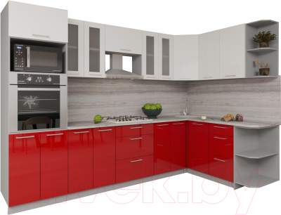 Кухонный гарнитур Интерлиния Мила Gloss 1.68x3.0 правая (белый/красный)