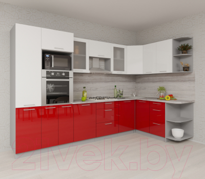 Кухонный гарнитур Интерлиния Мила Gloss 1.68x3.2 правая (белый/красный)