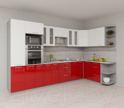 Кухонный гарнитур Интерлиния Мила Gloss 1.68x3.4 правая (белый/красный)