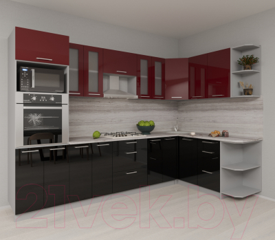 Готовая кухня Интерлиния Мила Gloss 1.68x3.0 правая (бордовый/черный)