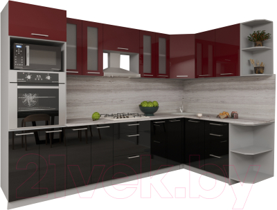 Кухонный гарнитур Интерлиния Мила Gloss 1.68x3.0 правая (бордовый/черный)