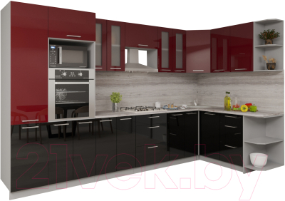 Кухонный гарнитур Интерлиния Мила Gloss 1.68x3.4 правая (бордовый/черный)