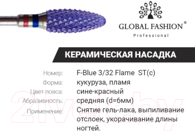 Фреза для маникюра Global Fashion Керамическая красно-синяя насечка F Blue 3/32 Flame ST (c)