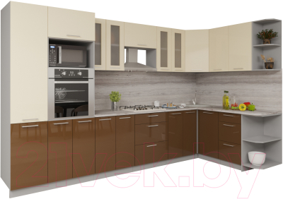 Кухонный гарнитур Интерлиния Мила Gloss 1.68x3.4 правая (ваниль/шоколад)