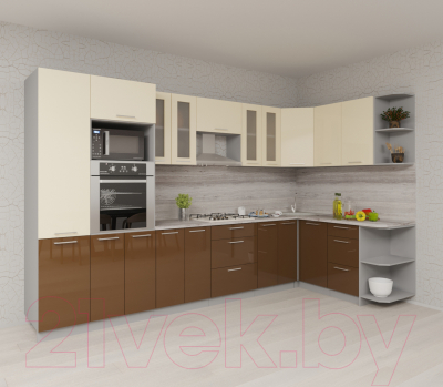 Кухонный гарнитур Интерлиния Мила Gloss 1.68x3.4 правая (ваниль/шоколад)