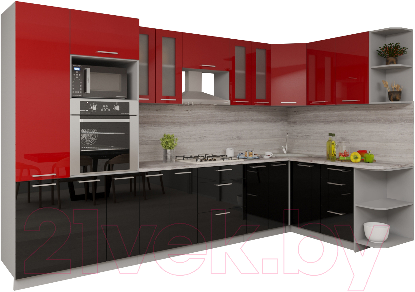 Кухонный гарнитур Interline Мила Gloss 1.68x3.4 правая (красный/черный)
