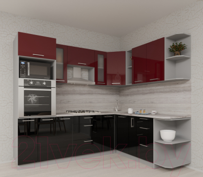 Кухонный гарнитур Интерлиния Мила Gloss 1.88x2.4 правая (бордовый/черный)