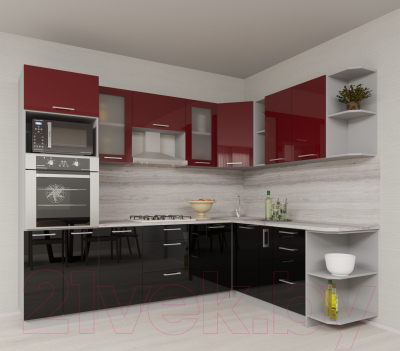 Кухонный гарнитур Интерлиния Мила Gloss 1.88x2.6 правая (бордовый/черный)