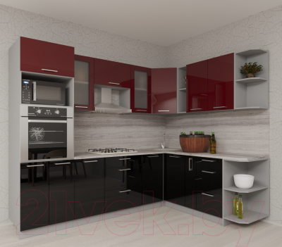Кухонный гарнитур Интерлиния Мила Gloss 1.88x2.8 правая (бордовый/черный)