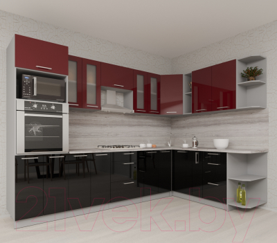 Готовая кухня Интерлиния Мила Gloss 1.88x3.0 правая (бордовый/черный)