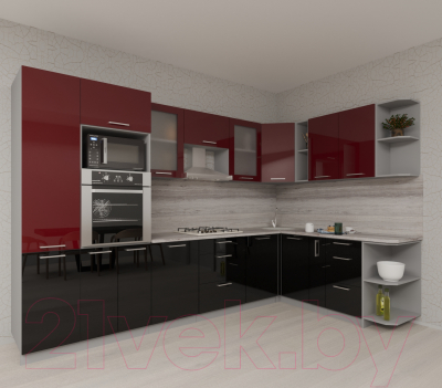 Кухонный гарнитур Интерлиния Мила Gloss 1.88x3.2 правая (бордовый/черный)