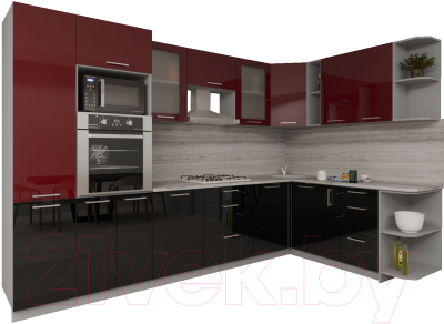 Кухонный гарнитур Интерлиния Мила Gloss 1.88x3.2 правая (бордовый/черный)