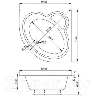 Ванна акриловая VagnerPlast Catalina Mini 125x125 / VPBA125CTM3X-04 (с каркасом)