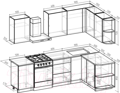 Готовая кухня Интермебель Микс Топ-15 2x1.6м правая (дуб каньон/вудлайн кремовый /венато)