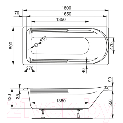 Ванна акриловая VagnerPlast Hera 180x80 / VPBA180HER2X-04 (с каркасом и экраном)