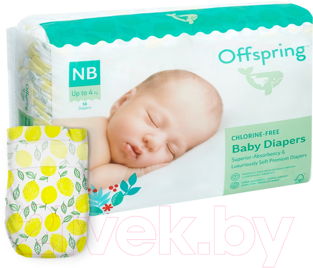 Подгузники детские Offspring NB 2-4кг Лимоны / OF01NB56LM (56шт)