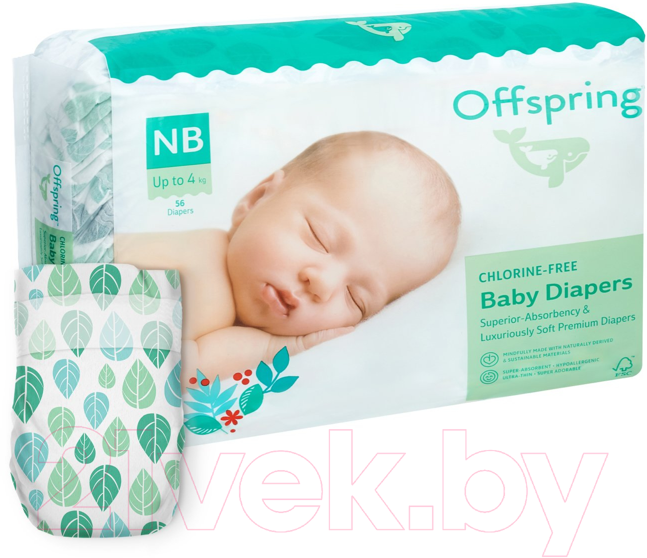 Подгузники детские Offspring NB 2-4кг Листочки / OF01NB56L (56шт)