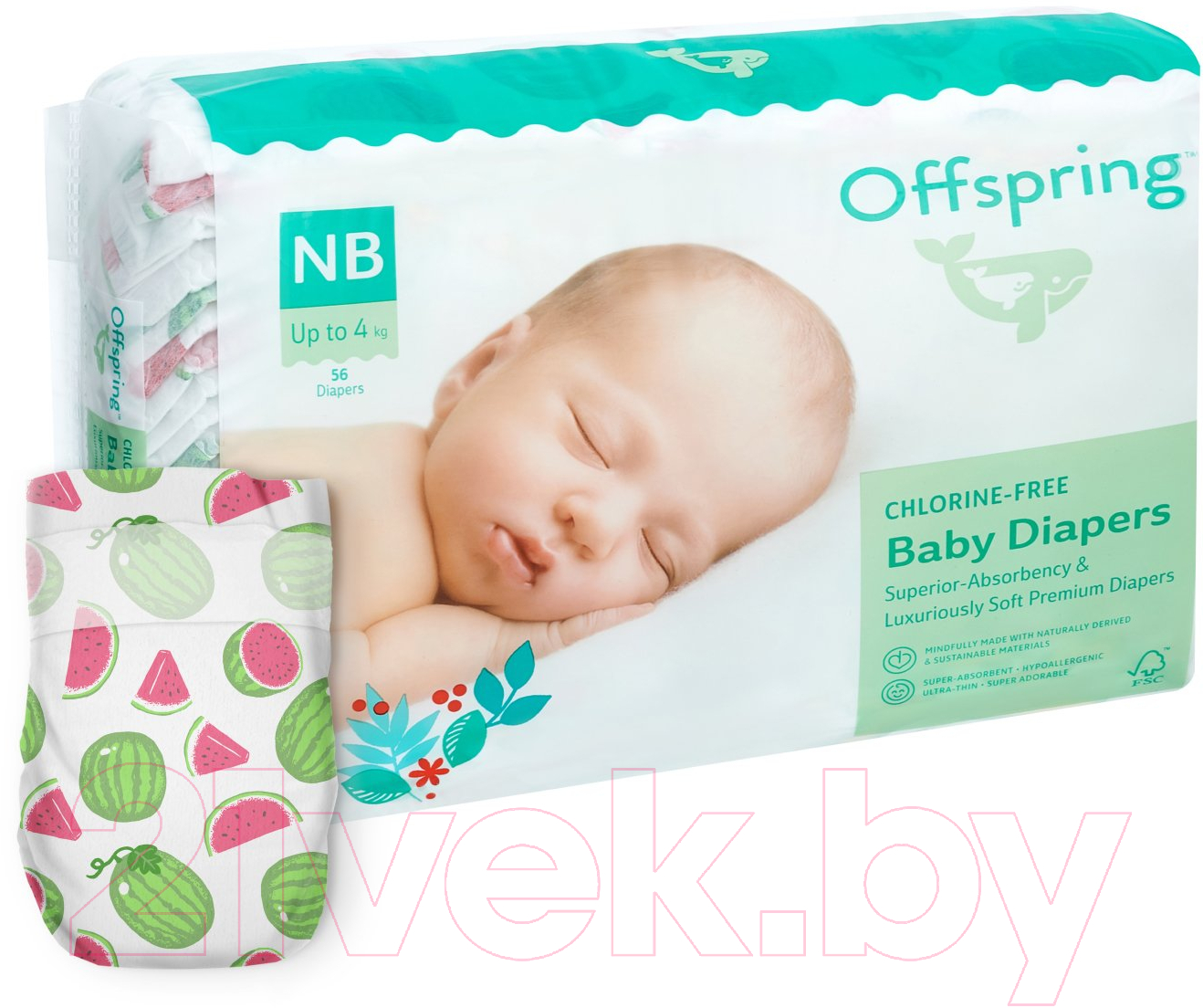 Подгузники детские Offspring NB 2-4кг Арбузы / OF01NB56WML (56шт)