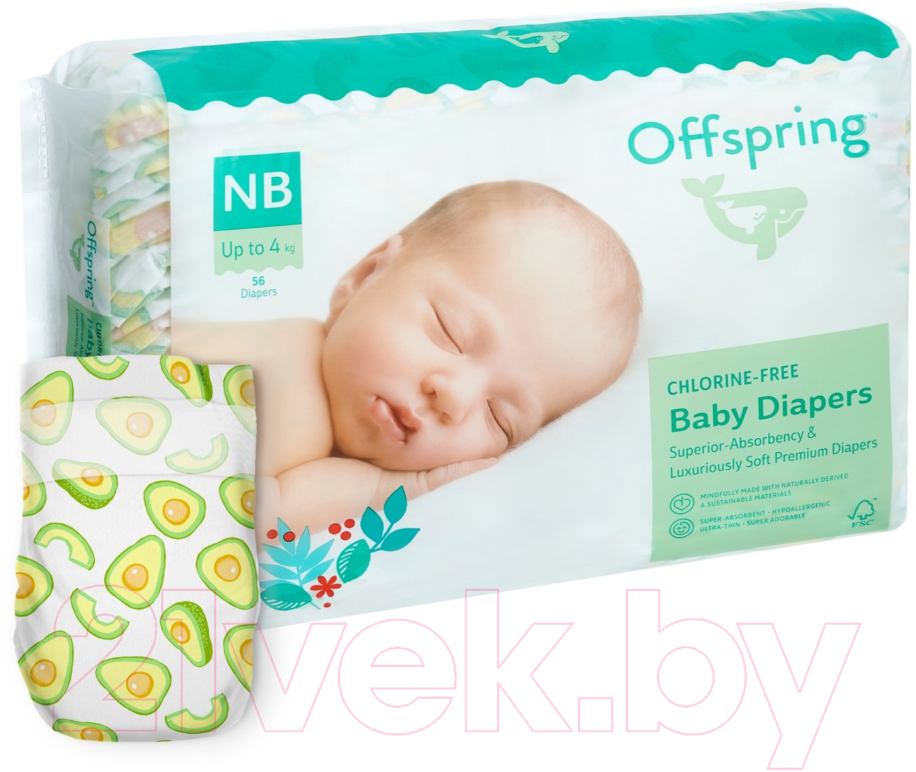 Подгузники детские Offspring NB 2-4кг Авокадо / OF01NB56AVO (56шт)