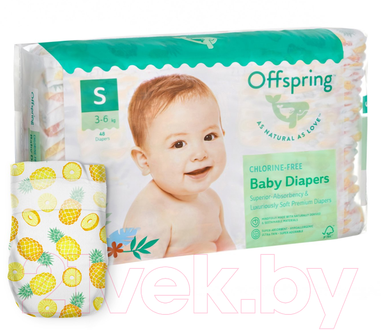 Подгузники детские Offspring S 3-6кг Ананасы / OF01S48PHP (48шт)