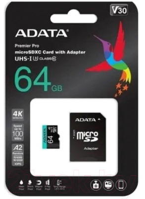 Карта памяти A-data Premier Pro microSDXC 64GB с адаптером (AUSDX64GUI3V30SA2-RA1)