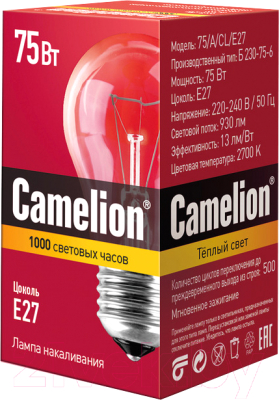 Лампа Camelion 75/A/CL/E27 / 7278