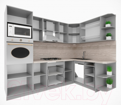 Готовая кухня Интерлиния Мила Деко 1.68x2.6 правая (слоновая кость/пепел/травертин серый)