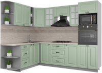 Кухонный гарнитур Интерлиния Мила Деко 1.88x2.6 левая (мята/мята/травертин серый) - 