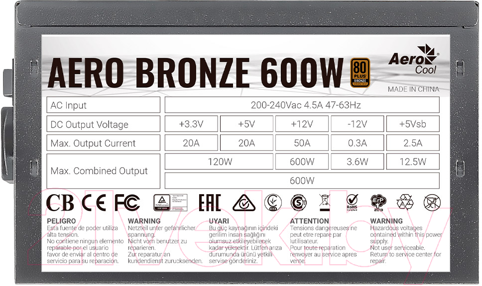 Блок питания для компьютера AeroCool Aero Bronze 600W