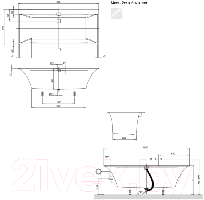 Ванна квариловая Villeroy & Boch Wellness Squaro Edge Duo 180x80 / UBQ180SQE2DV-01 (с ножками и сифоном)