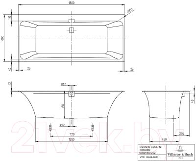 Ванна квариловая Villeroy & Boch Wellness Squaro Edge Duo 180x80 / UBQ180SQE2DV-01 (с ножками и сифоном)