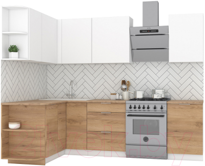 Готовая кухня Интермебель Микс Топ-12 2x1.5м левая (белый премиум/дуб крафт золотой/дуб золотой)