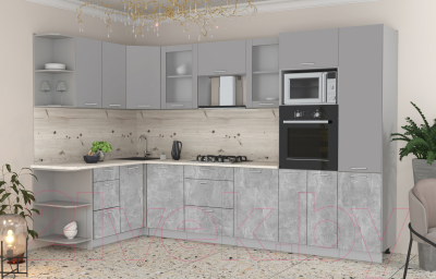 Кухонный гарнитур Интерлиния Мила 1.68x3.2 левая (серебристый/бетон/бискайская сосна)