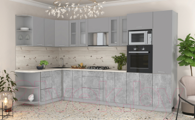Кухонный гарнитур Интерлиния Мила 1.68x3.4 левая (серебристый/бетон/бискайская сосна)