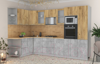 Готовая кухня Интерлиния Мила 1.68x3.2 левая (дуб золотой/бетон/дуб бунратти)