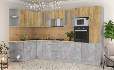 Готовая кухня Интерлиния Мила 1.68x3.4 левая (дуб золотой/бетон/дуб бунратти)