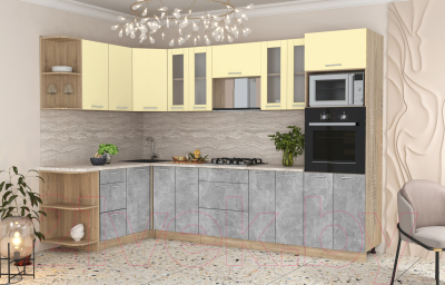 Готовая кухня Интерлиния Мила 1.68x3.0 левая (ваниль/бетон/травертин)