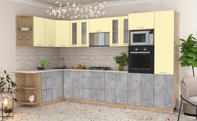 Кухонный гарнитур Интерлиния Мила 1.68x3.4 левая (ваниль/бетон/травертин)